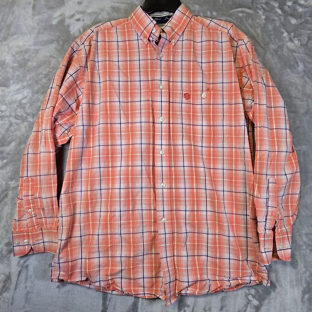 Wrangler George Straight Mens Shirt L-XL Orange Peach Blue Plaid Western sm hole